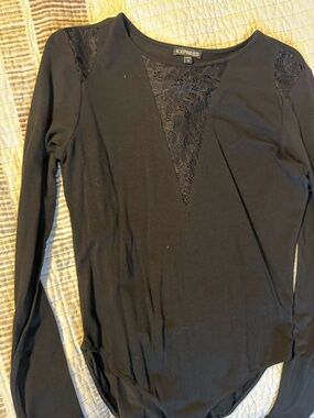 Express Black Long-Sleeve Top with Lace V-Inset